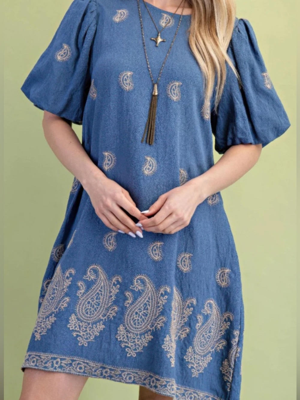 Indigo Blue Embroidered Paisley Puff-Sleeve Mini Dress (Boutique): Size S